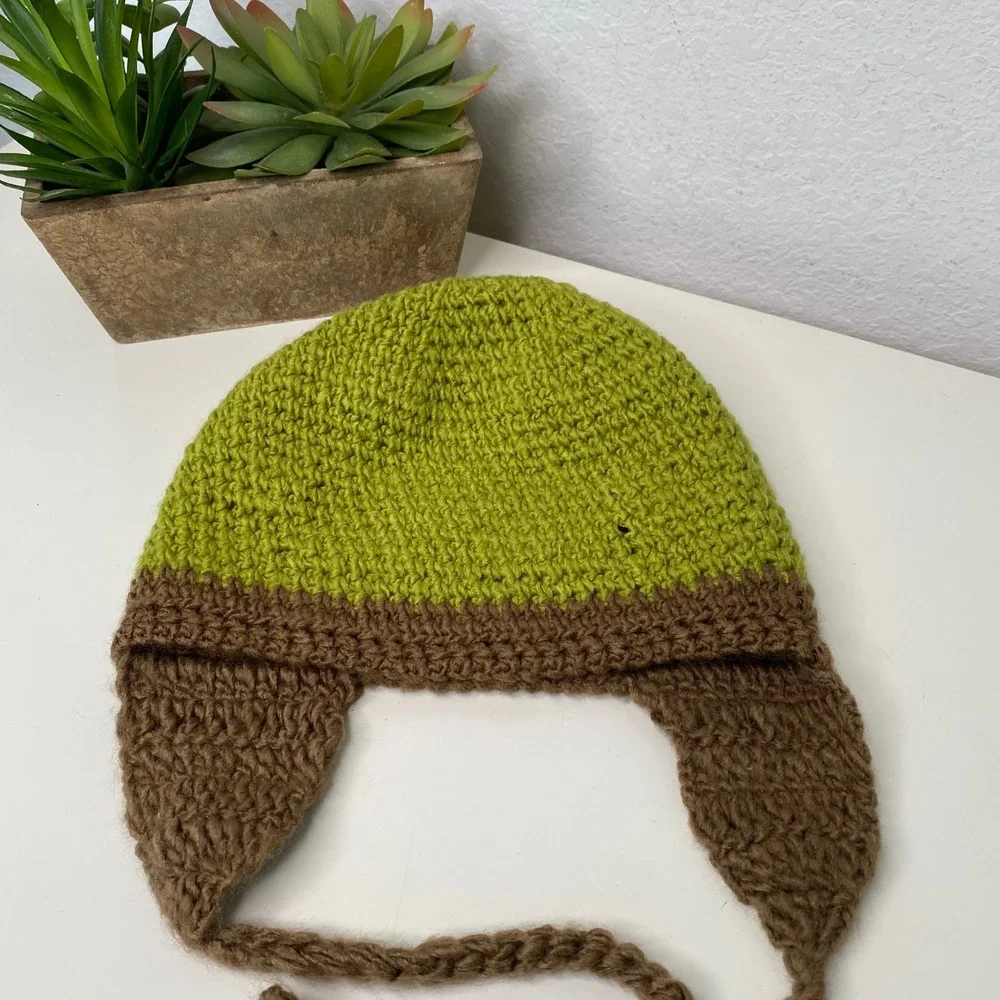 Kids Crochet Frog Hat Green Brown Ear Flaps Winter Beanie Cap Unisex‎
